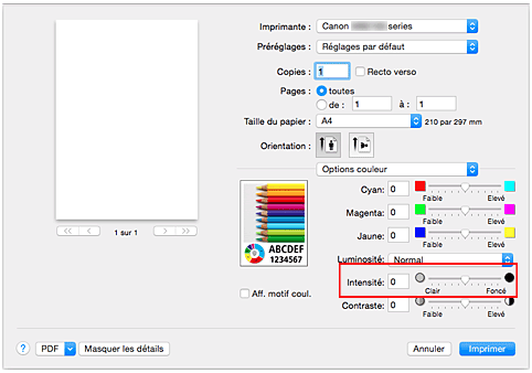 figure : Intensité des options de couleur dans la boîte de dialogue Imprimer