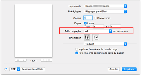 figure : Taille du papier dans la boîte de dialogue Imprimer