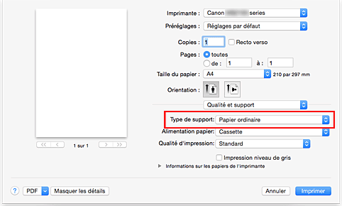 figure : Type de support dans Qualité et support de la boîte de dialogue Imprimer