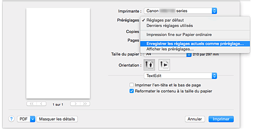 figure : Sélectionnez Enregistrer les paramètres actuels comme préréglages... dans les Préréglages de la boîte de dialogue Imprimer