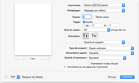 figure : Qualité et support dans la boîte de dialogue Imprimer