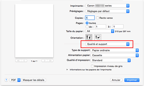 figure : Qualité et support dans la boîte de dialogue Imprimer