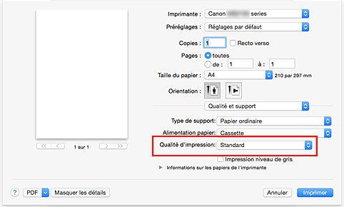 figure : Qualité d'impression dans Qualité et support de la boîte de dialogue Imprimer