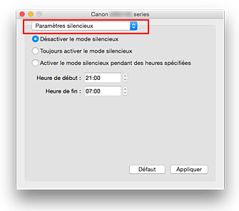 figure : Paramètres silencieux du Canon IJ Printer Utility