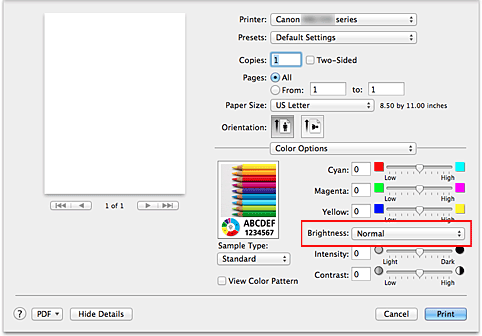 Imagen: Brillo de Opciones de color del cuadro de diálogo Imprimir