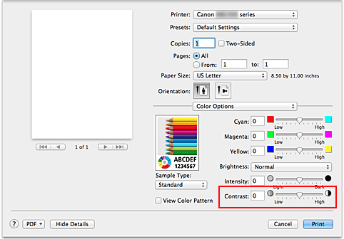 Imagen: Contraste de Opciones de color del cuadro de diálogo Imprimir