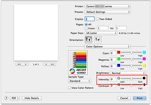 Imagen: Intensidad de Opciones de color del cuadro de diálogo Imprimir