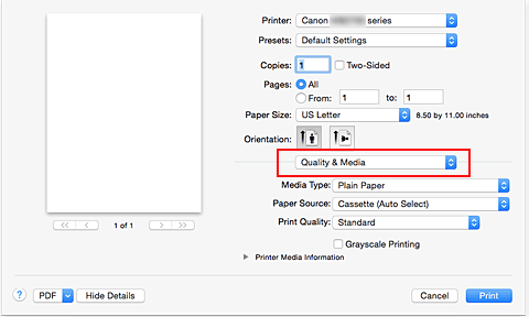 kuva:Laatu ja tulostusmateriaali Tulostus-valintaikkunassa
