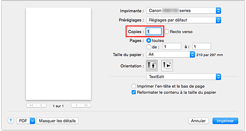 figure : Copies dans la boîte de dialogue Imprimer