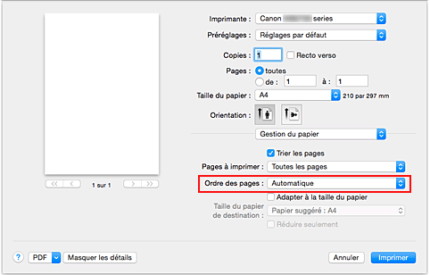 figure : Sélectionnez Automatique dans Ordre des pages pour Gestion du papier dans la boîte de dialogue Imprimer.