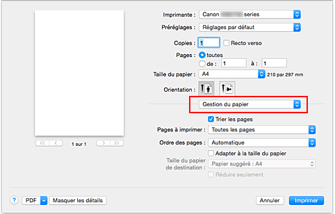 figure : Gestion du papier dans la boîte de dialogue Imprimer