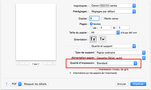 figure : Qualité d'impression dans Qualité et support de la boîte de dialogue Imprimer