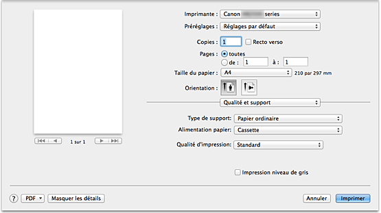 figure : Qualité et support dans la boîte de dialogue Imprimer