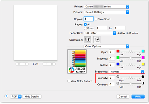 الشكل: الكثافة ضمن خيارات الألوان في مربع الحوار طباعة