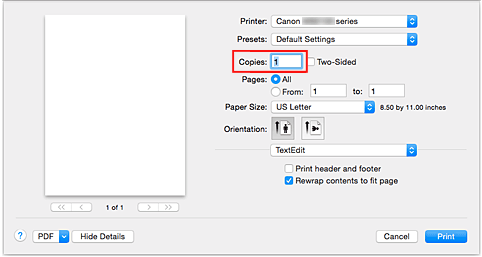 الشكل: عدد النسخ في مربع الحوار طباعة