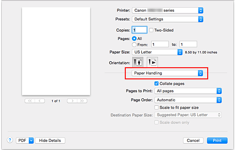 الشكل: معالجة الورق في مربع الحوار طباعة