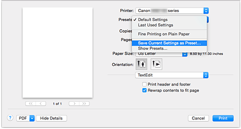 الشكل: تحديد حفظ الإعدادات الحالية كإعدادات مسبقة... من إعدادات مسبقة في مربع الحوار طباعة