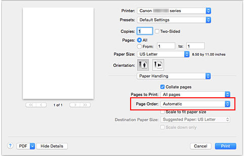 Abbildung: Auswahl von "Automatisch" für "Reihenfolge" unter "Papierhandhabung" im Dialog "Drucken"