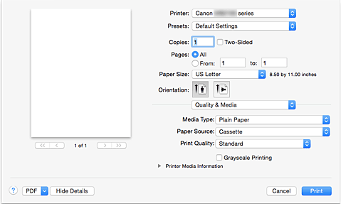 kuva:Laatu ja tulostusmateriaali Tulostus-valintaikkunassa