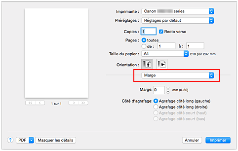 figure : Marge dans la boîte de dialogue Imprimer