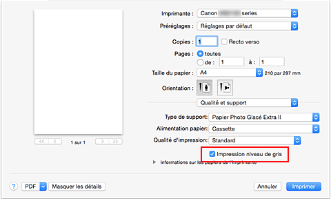 figure : Impression niveau de gris pour Qualité et support dans la boîte de dialogue Imprimer