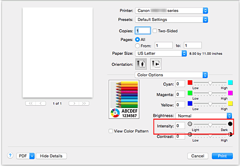 figura: Intensità per Opzioni colore nella finestra di dialogo Stampa