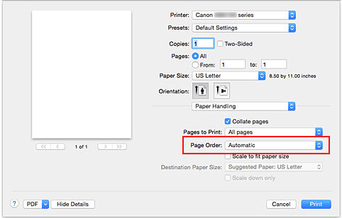 afbeelding: selecteer Automatisch voor Paginavolgorde bij Papierafhandeling in het dialoogvenster Afdrukken