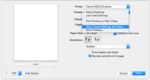 afbeelding: selecteer Huidige instellingen opslaan... bij Instellingen in het dialoogvenster Afdrukken