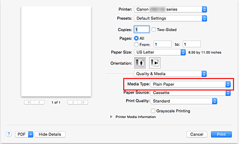 figur: Medietype for Kvalitet og medier i dialogboksen Skriv ut