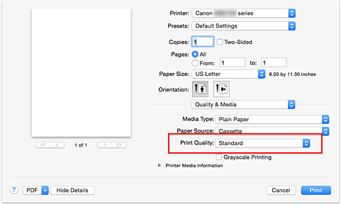 figur: Utskriftskvalitet for Kvalitet og medier i dialogboksen Skriv ut