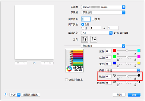 插圖：[列印]對話方塊中[色彩選項]的[強度]