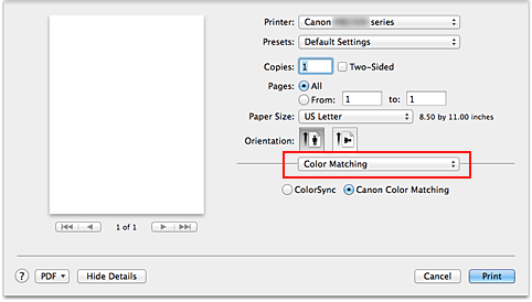 Imagen: Coincidencia de color del cuadro de diálogo Imprimir