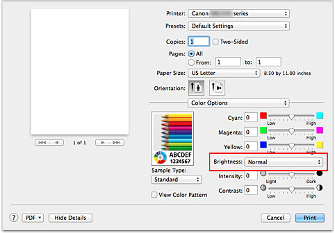figura: Luminosità per Opzioni colore nella finestra di dialogo Stampa