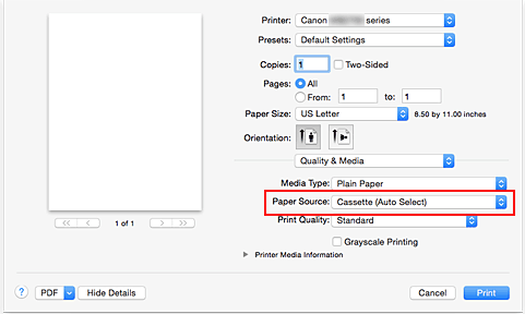 الشكل: مصدر الورق ضمن الجودة والوسائط في مربع الحوار طباعة