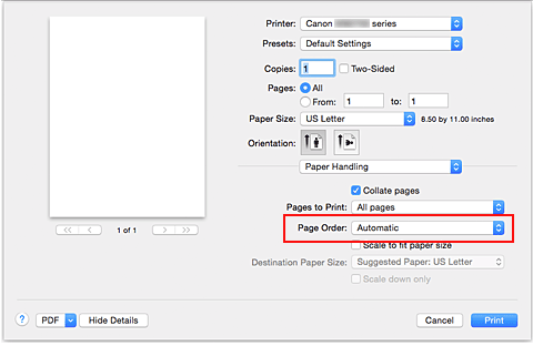 figure:Select Automatic from Page order of Paper Handling in the Print dialog