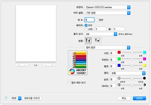 그림: [프린트] 대화 상자의 [컬러 옵션]