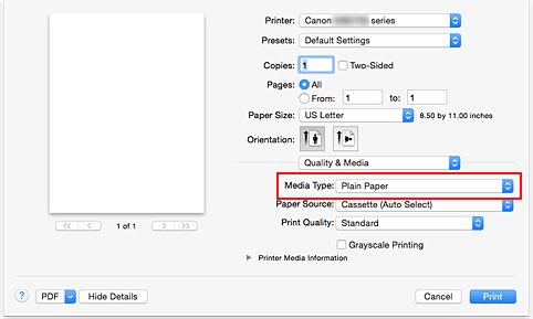 afbeelding: Mediumtype bij Kwaliteit en media in het dialoogvenster Afdrukken