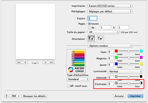 figure : Contraste des options de couleur dans la boîte de dialogue Imprimer
