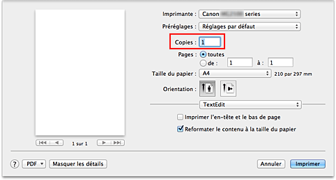 figure : Copies dans la boîte de dialogue Imprimer