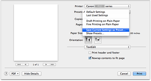 afbeelding: selecteer Huidige instellingen opslaan... bij Instellingen in het dialoogvenster Afdrukken