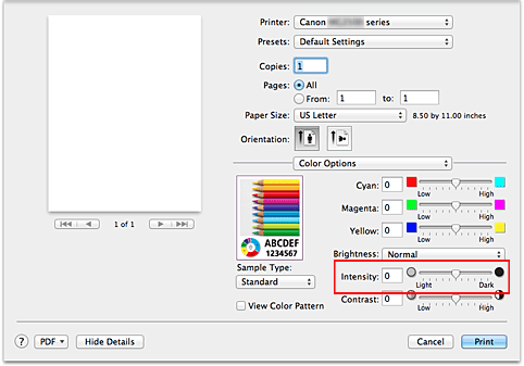 rysunek: sekcja Intensywność właściwości Opcje koloru w oknie dialogowym Drukuj
