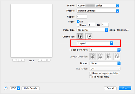 Abbildung: "Layout" im Dialog "Drucken"