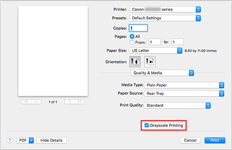 figure:Grayscale Printing of Quality & Media in the Print dialog