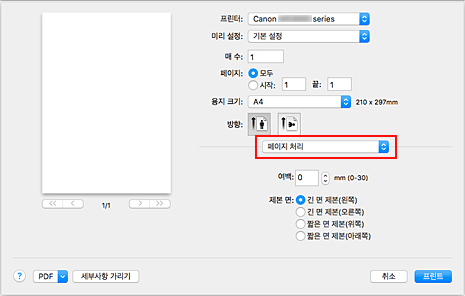 그림: [프린트] 대화 상자의 [페이지 처리]