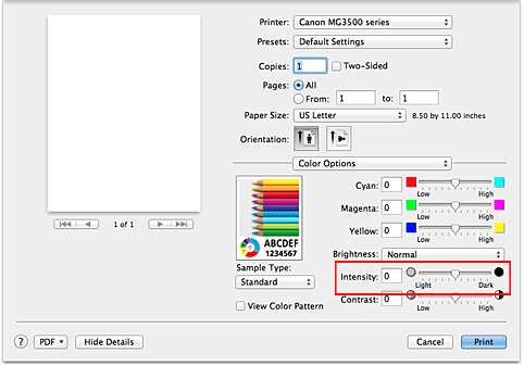 Imagen: Intensidad de Opciones de color del cuadro de diálogo Imprimir