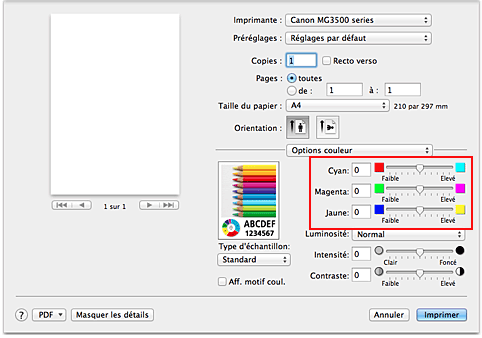 figure : Équilibre des couleurs des options de couleur dans la boîte de dialogue Imprimer