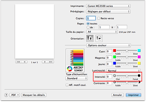 figure : Intensité des options de couleur dans la boîte de dialogue Imprimer