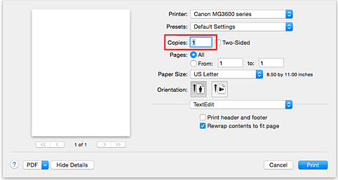 الشكل: عدد النسخ في مربع الحوار طباعة