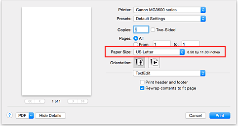 الشكل: حجم الورق في مربع الحوار طباعة