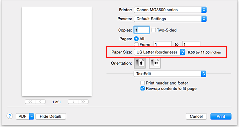 afbeelding: Selecteer XXX (geen randen) bij Papierformaat in het dialoogvenster Afdrukken